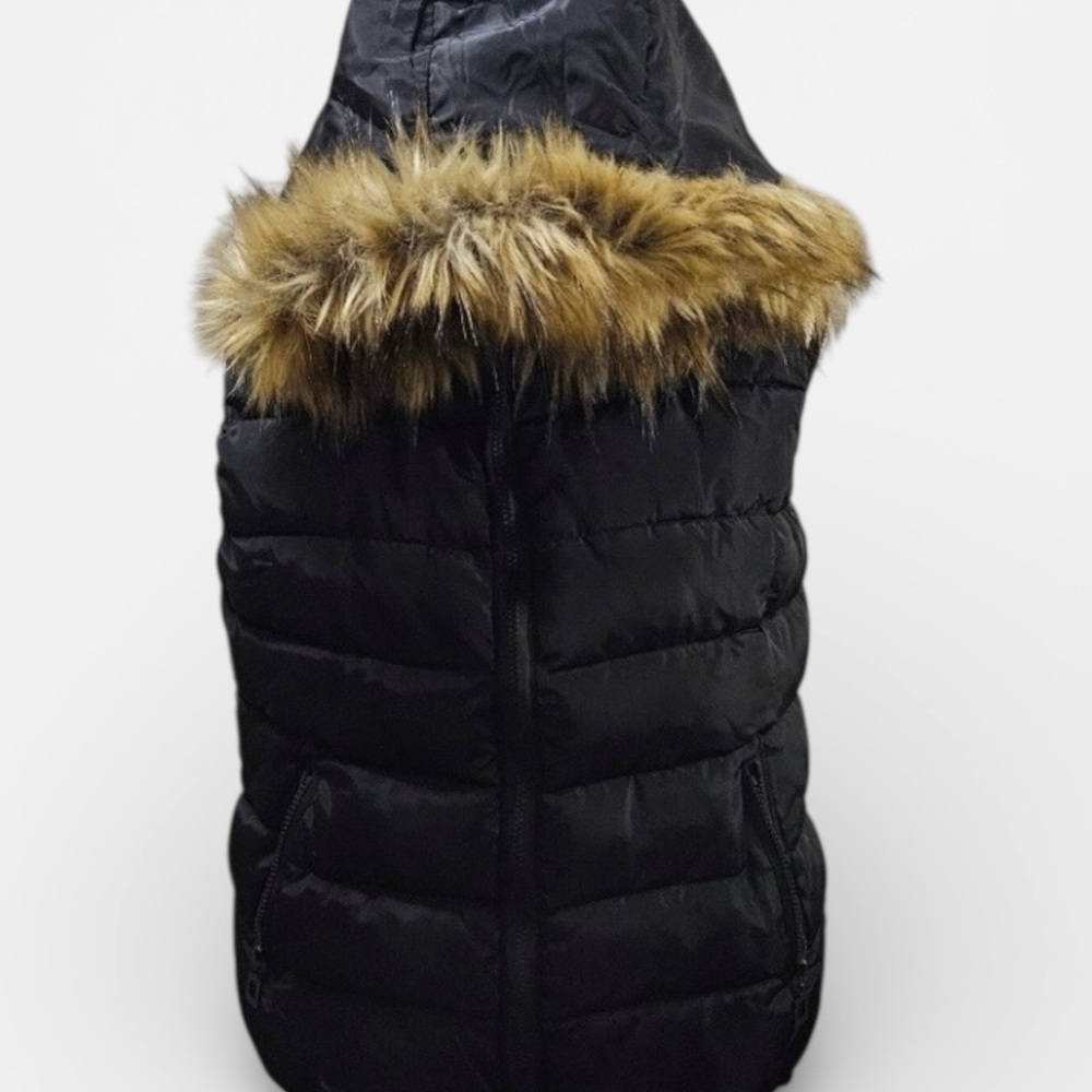 Black Puffer Vest with Faux Fur Trim with Removable Hood size XL - Picture 12 of 13